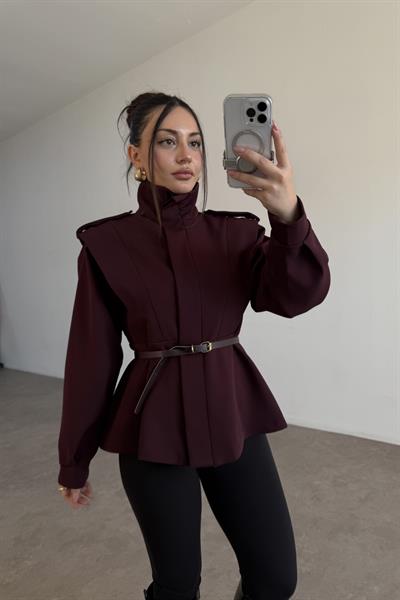 Military Dik Yakalı Kemerli Mürdüm Ceket