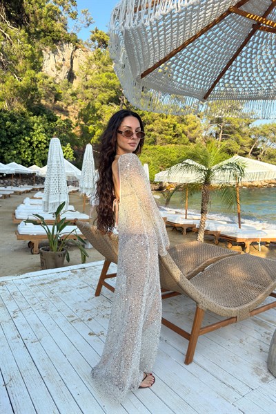 Mirage Pullu File Bej Uzun Elbise