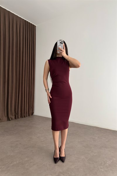 Mng Orijinal Beli Drape Detaylı Bordo Crep  Midi Elbise