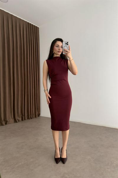 Mng Orijinal Beli Drape Detaylı Bordo Crep  Midi Elbise