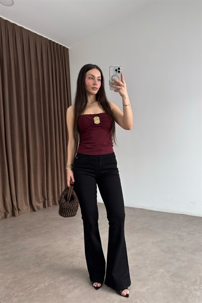 Hm Orijinal Gold Toka Detaylı Mürdüm Straplez Bluz 