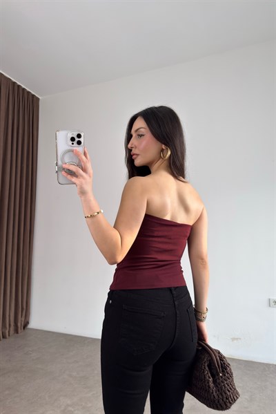 Hm Orijinal Gold Toka Detaylı Mürdüm Straplez Bluz 