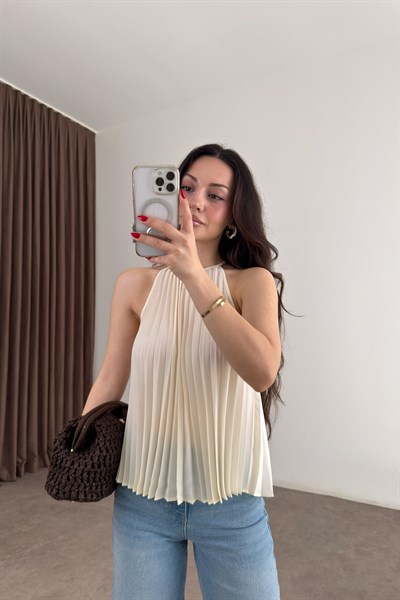 Mng Orijinal Pilili Halter Yaka Ekru Bluz