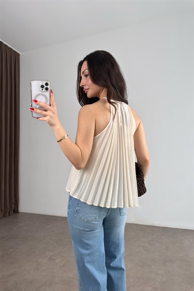 Mng Orijinal Pilili Halter Yaka Ekru Bluz
