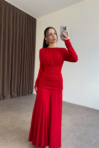 Mng Orijinal Uzun Kollu Kırmızı Drapeli Elbise