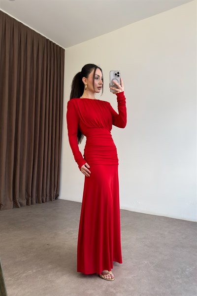 Mng Orijinal Uzun Kollu Kırmızı Drapeli Elbise