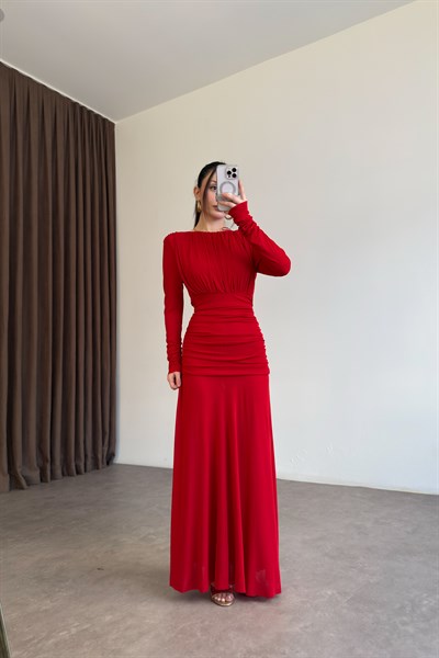 Mng Orijinal Uzun Kollu Kırmızı Drapeli Elbise