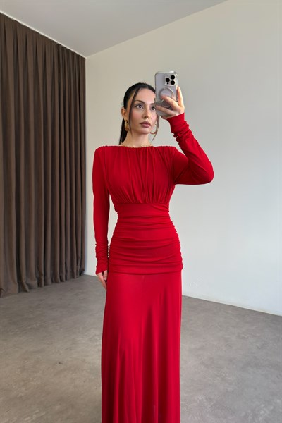 Mng Orijinal Uzun Kollu Kırmızı Drapeli Elbise