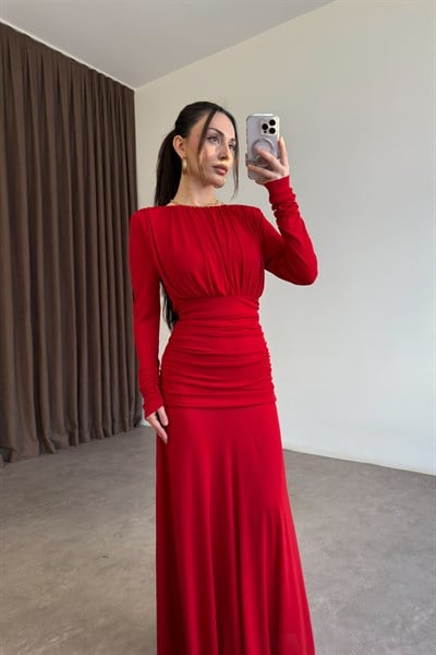 Mng Orijinal Uzun Kollu Kırmızı Drapeli Elbise