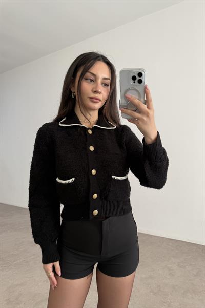 Mng Orijnal Yünlü Premium Yakalı Gold Düğmeli Siyah Hırka