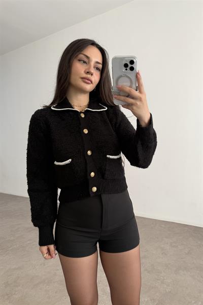 Mng Orijnal Yünlü Premium Yakalı Gold Düğmeli Siyah Hırka