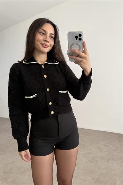 Mng Orijnal Yünlü Premium Yakalı Gold Düğmeli Siyah Hırka