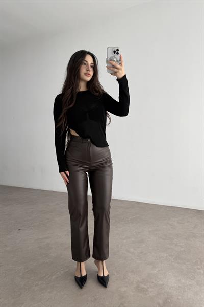 Mng Orj. Yüksek Belli Bilek Boy Deri Pantolon Acı Kahve