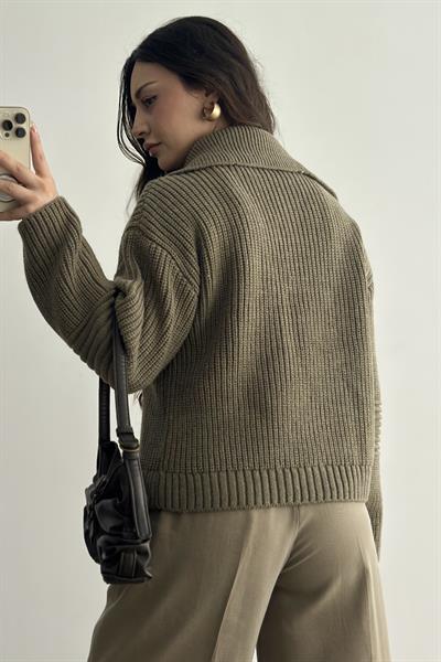 MnG ORJ. Haki-Kahve Fermuarlı Yakalı Kazak