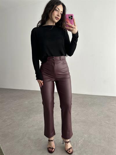 Mng Orj. Yüksek Belli Bilek Boy Deri Pantolon Bordo