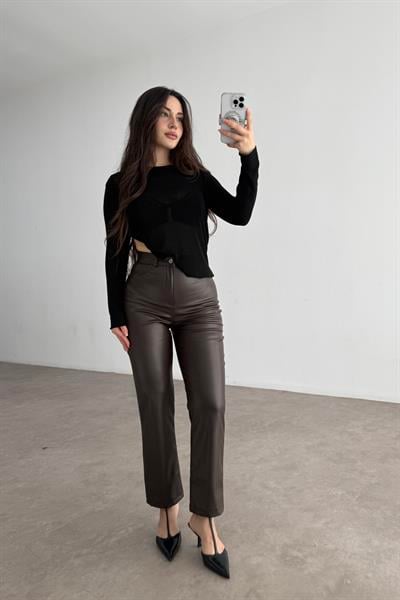 Mng Orj. Yüksek Belli Bilek Boy Deri Pantolon Acı Kahve