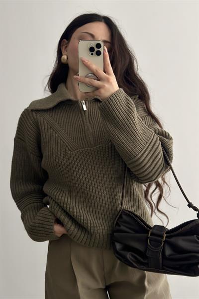 MnG ORJ. Haki-Kahve Fermuarlı Yakalı Kazak