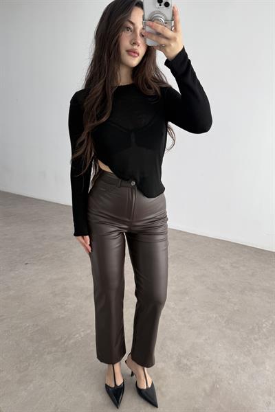 Mng Orj. Yüksek Belli Bilek Boy Deri Pantolon Acı Kahve