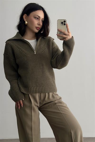 MnG ORJ. Haki-Kahve Fermuarlı Yakalı Kazak