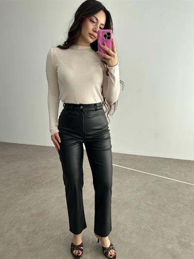 Mng Orj. Yüksek Belli Bilek Boy Deri Pantolon Siyah