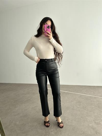 Mng Orj. Yüksek Belli Bilek Boy Deri Pantolon Siyah