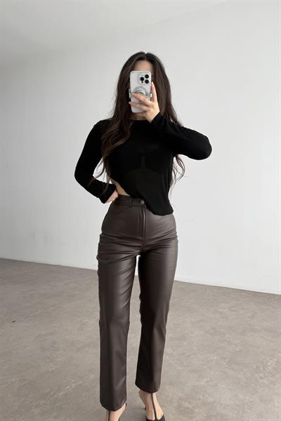 Mng Orj. Yüksek Belli Bilek Boy Deri Pantolon Acı Kahve