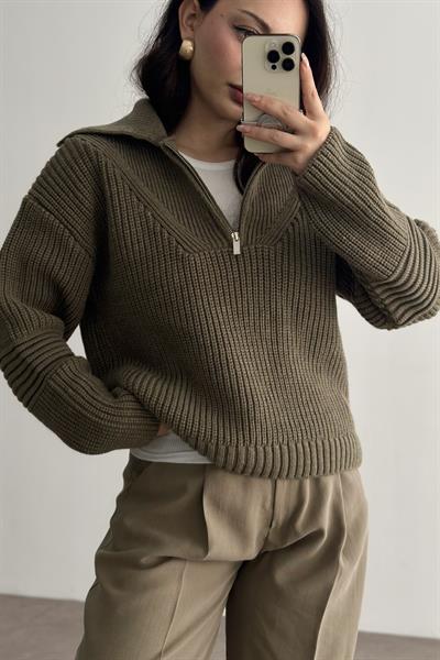 MnG ORJ. Haki-Kahve Fermuarlı Yakalı Kazak