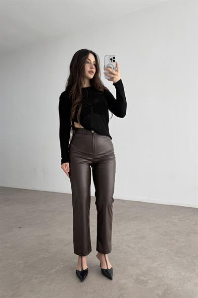 Mng Orj. Yüksek Belli Bilek Boy Deri Pantolon Acı Kahve