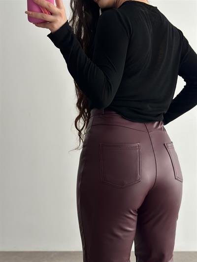 Mng Orj. Yüksek Belli Bilek Boy Deri Pantolon Bordo