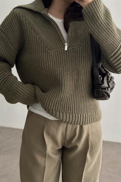 MnG ORJ. Haki-Kahve Fermuarlı Yakalı Kazak