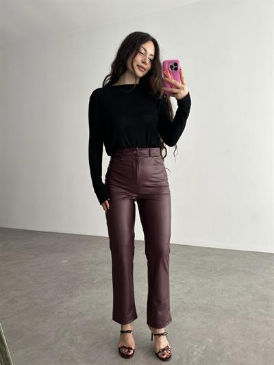 Mng Orj. Yüksek Belli Bilek Boy Deri Pantolon Bordo
