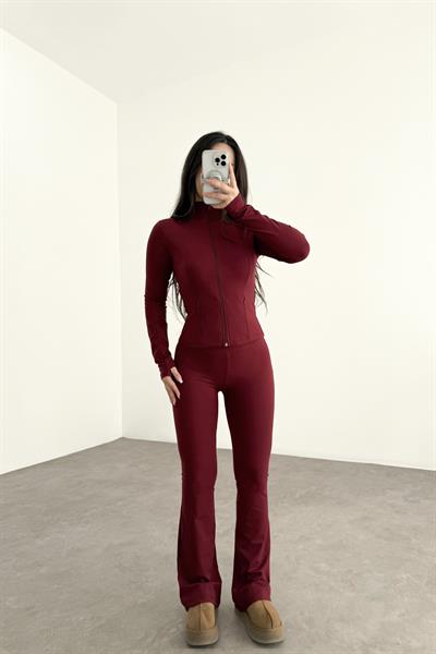 Modal Bordo Yüksek Belli Flare Tayt