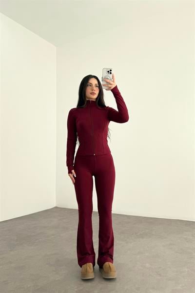 Modal Bordo Yüksek Belli Flare Tayt