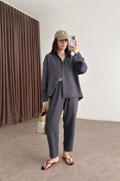 Modal Tensel Gömlek Havuç Pantolon Antrasit Takım