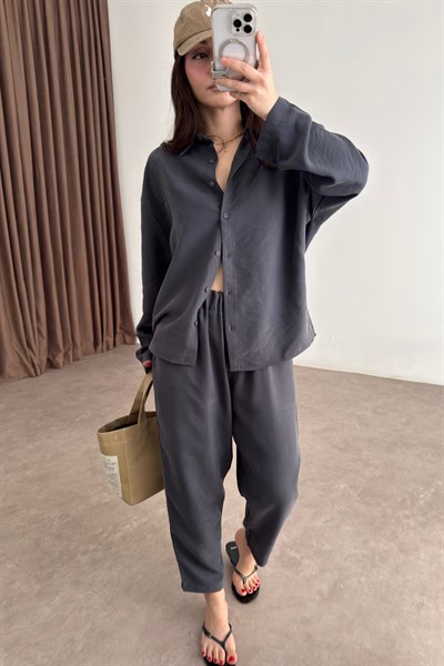Modal Tensel Gömlek Havuç Pantolon Antrasit Takım