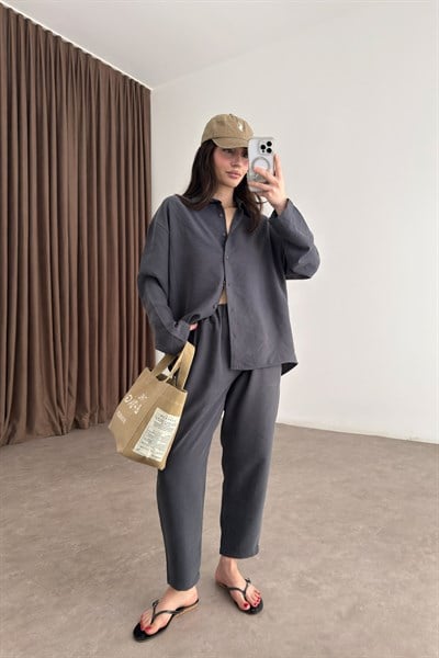 Modal Tensel Gömlek Havuç Pantolon Antrasit Takım