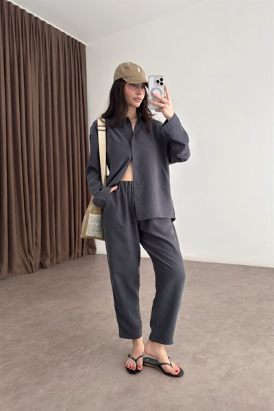 Modal Tensel Gömlek Havuç Pantolon Antrasit Takım