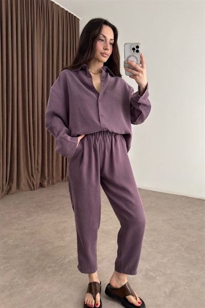 Modal Tensel Gömlek Havuç Pantolon Eflatun Takım