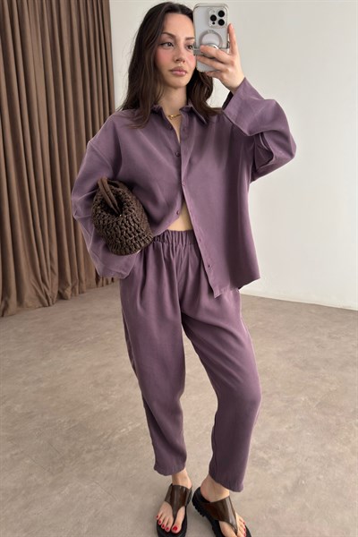 Modal Tensel Gömlek Havuç Pantolon Eflatun Takım