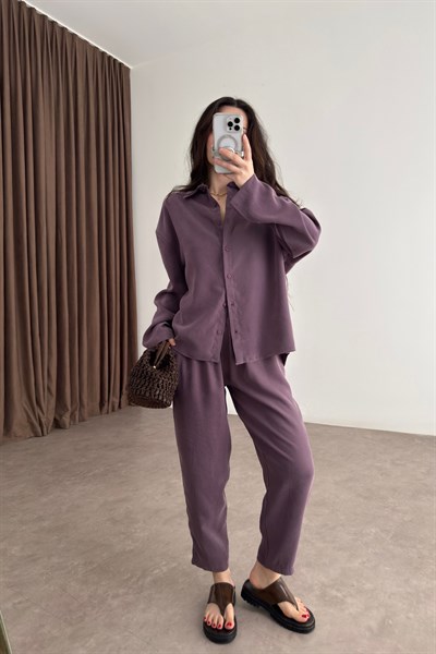 Modal Tensel Gömlek Havuç Pantolon Eflatun Takım