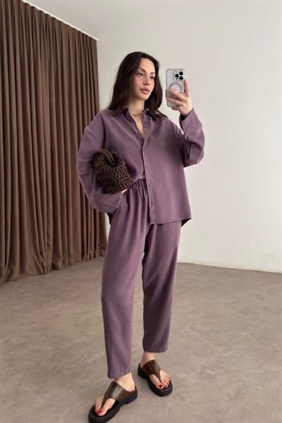 Modal Tensel Gömlek Havuç Pantolon Eflatun Takım