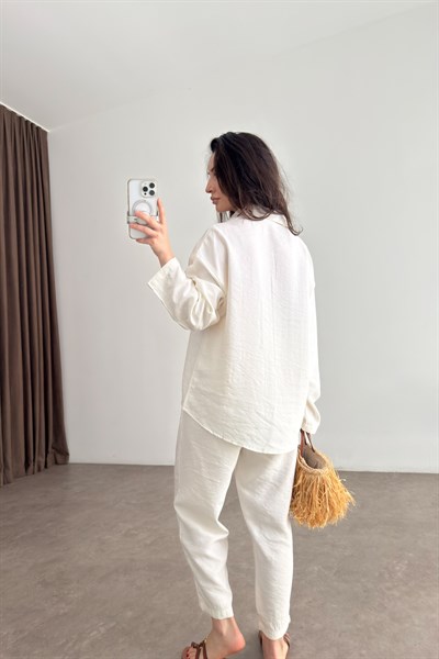 Modal Tensel Gömlek Havuç Pantolon Ekru Takım