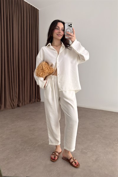 Modal Tensel Gömlek Havuç Pantolon Ekru Takım