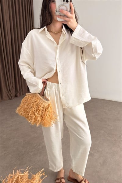 Modal Tensel Gömlek Havuç Pantolon Ekru Takım