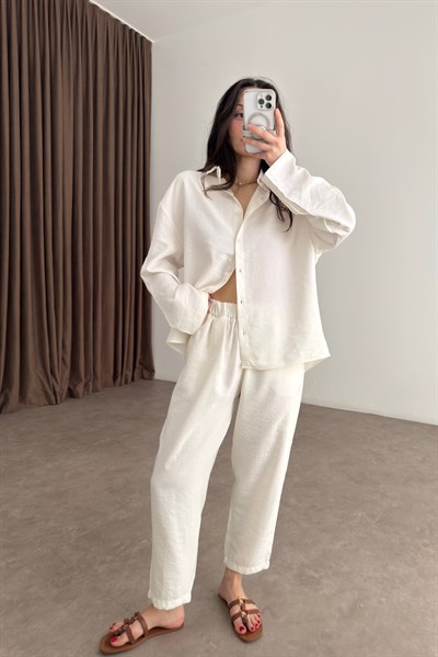 Modal Tensel Gömlek Havuç Pantolon Ekru Takım