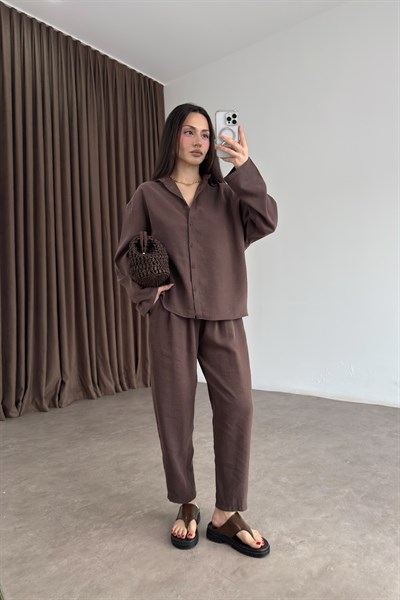 Modal Tensel Gömlek Havuç Pantolon Kahve Takım