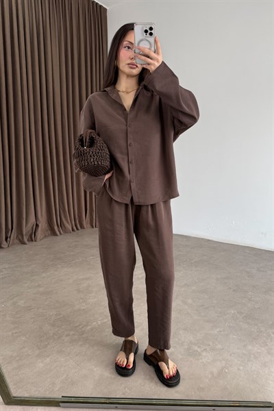 Modal Tensel Gömlek Havuç Pantolon Kahve Takım