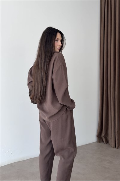 Modal Tensel Gömlek Havuç Pantolon Kahve Takım