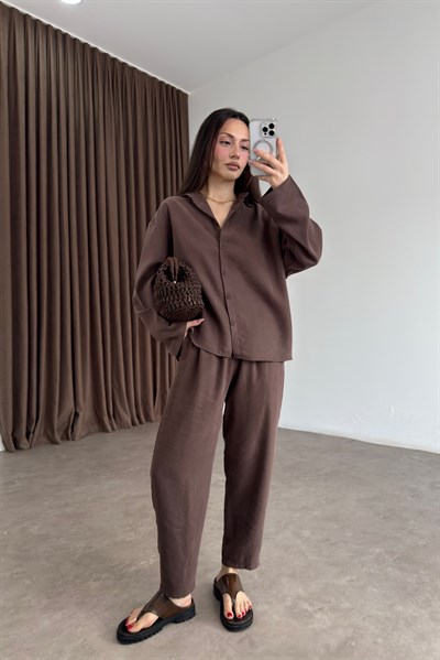 Modal Tensel Gömlek Havuç Pantolon Kahve Takım