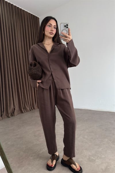 Modal Tensel Gömlek Havuç Pantolon Kahve Takım